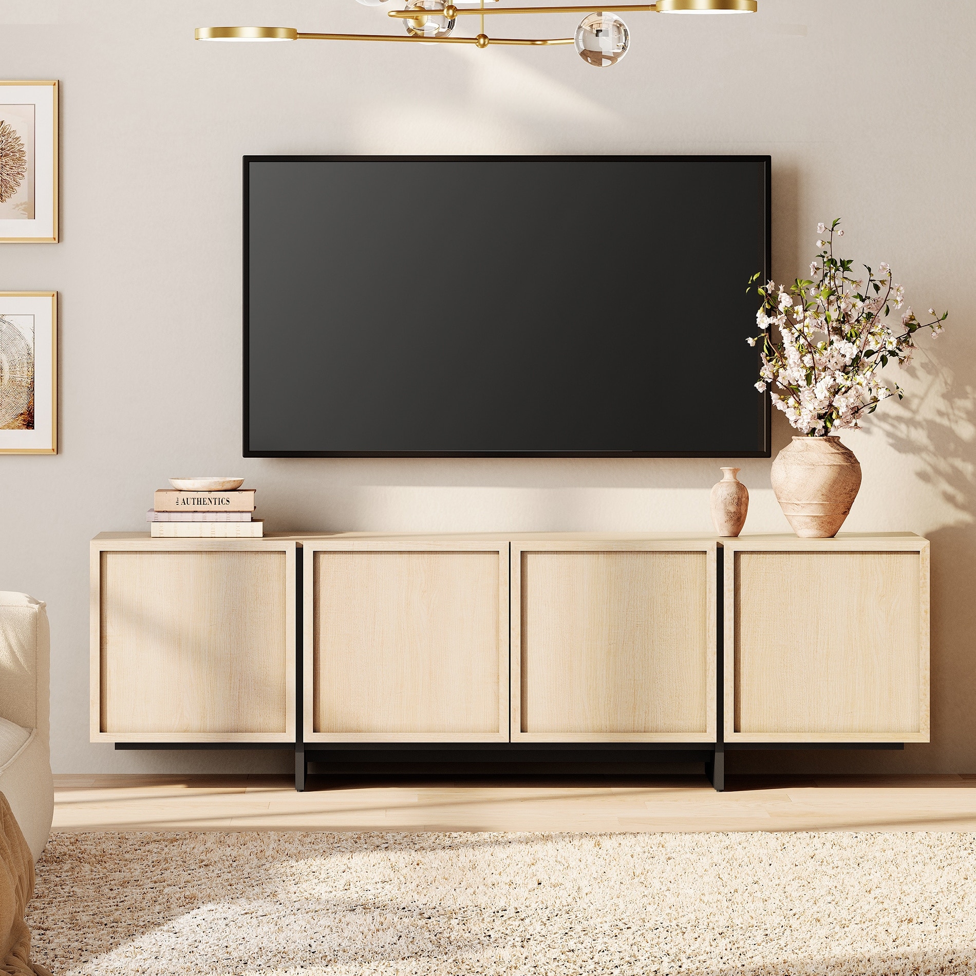 WAMPAT TV Stand with T-Shaped Legs, Modern Entertainment Center with 4 Storage Cabinets, Media Console TV Table for Living Room