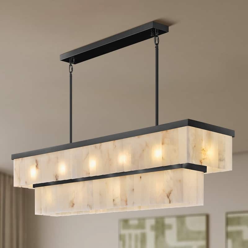 Elegant layered alabaster chandelier with natural stone panels - 54in - Black
