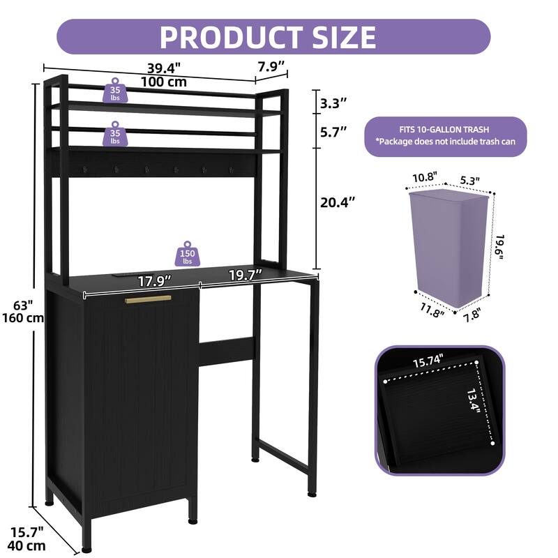 Kitchen Baker's Rack with Mini Fridge Space Trash Can Cabinet and Charger Station for Dorm or Small Space Organization