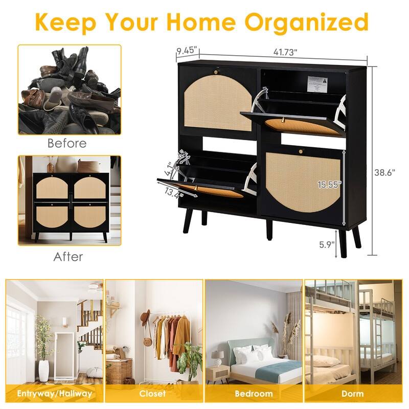 Rattan Shoe Cabinet with 2 / 4 Flip Drawers, Narrow Shoe Storage Cabinet,Organizer for Entryway, Bedroom, Living Room