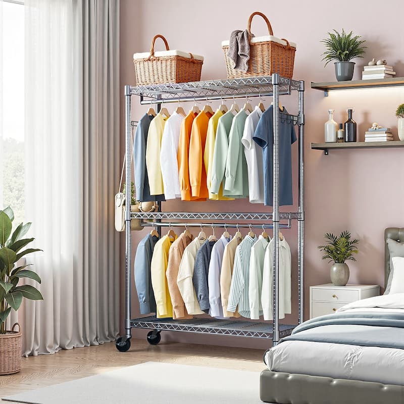 Heavy Duty Rolling Garment Rack 3 Tiers Adjustable Wire Shelving Clothes Rack with 2 Rods and Side Hooks