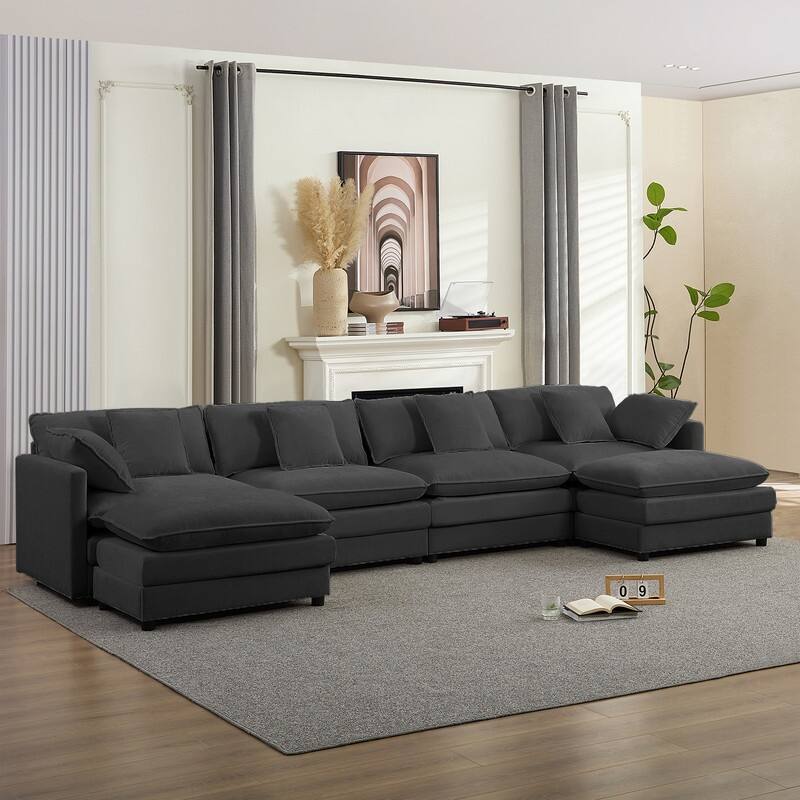 Mixoy 148''Oversized Modular Sectional Sofa, U-Shaped 6-Seater Chenille Upholstered Deep Seat Sofa with 2 Movable Ottomans - 4+2 - DARK GREY - Symmetrical