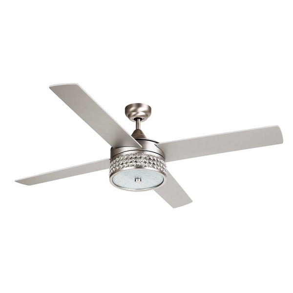 52" 4 Blades Wood Satin Nickel Crystal Ceiling Fan with 2 Lights Remote Control 