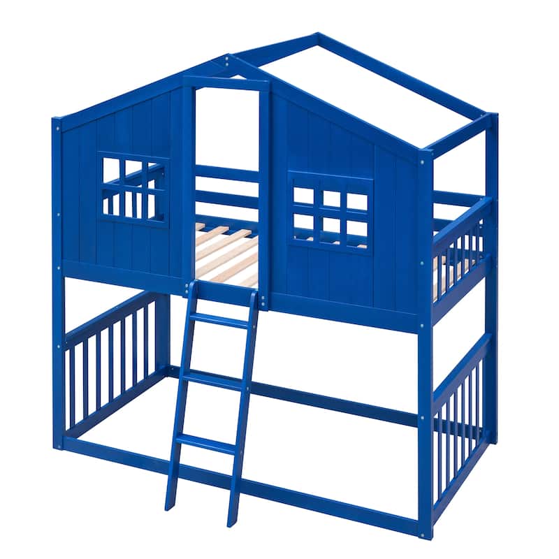 Twin Over Twin House Bunk Bed With Ladder, Wood Bed