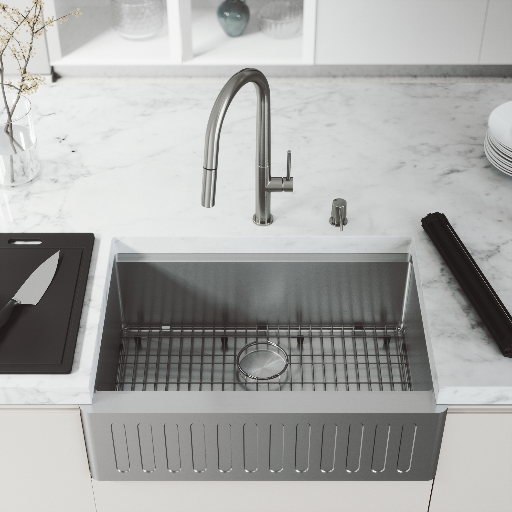 VIGO Slotted Stainless Steel Farmhouse Kitchen Sink with ...