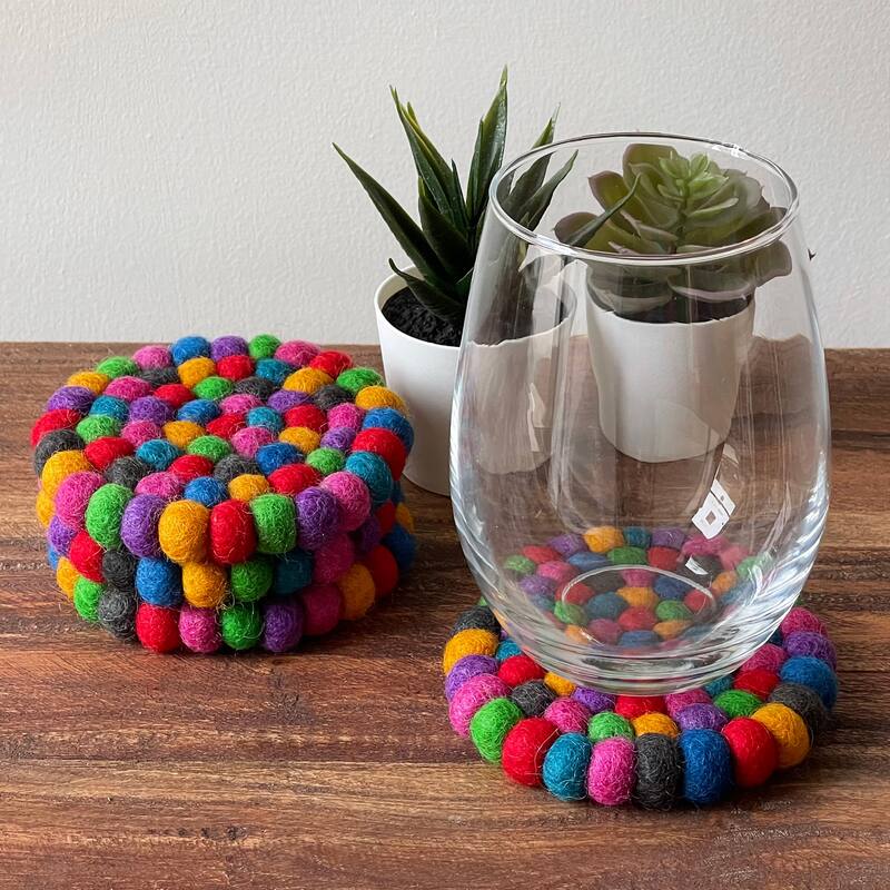 Driftwood Brown Felt Ball Coasters, Set of 4
