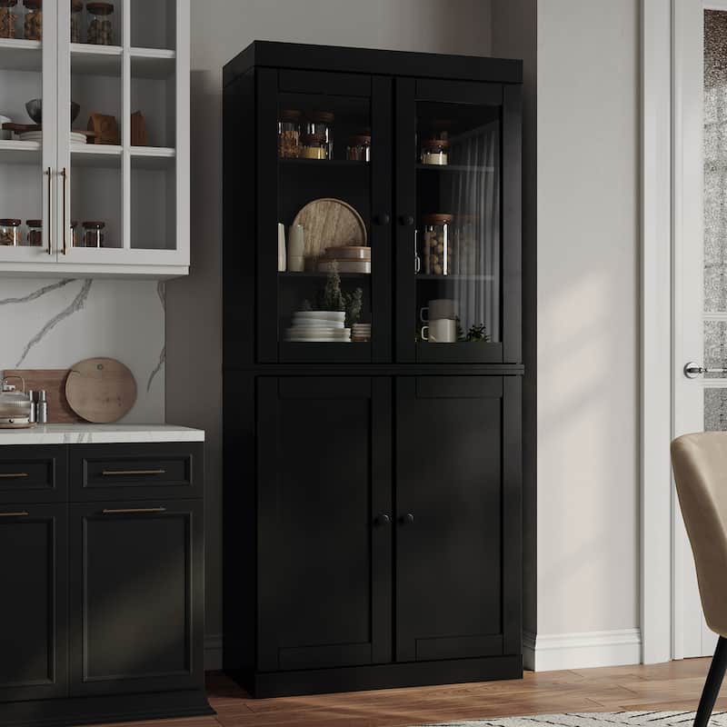 Palace Imports 100% Solid Wood Pantry Cabinet, Shaker & Clear Glass Doors, 2 Drawers, Adjustable Shelves, 32" Wide, 71.5" Tall