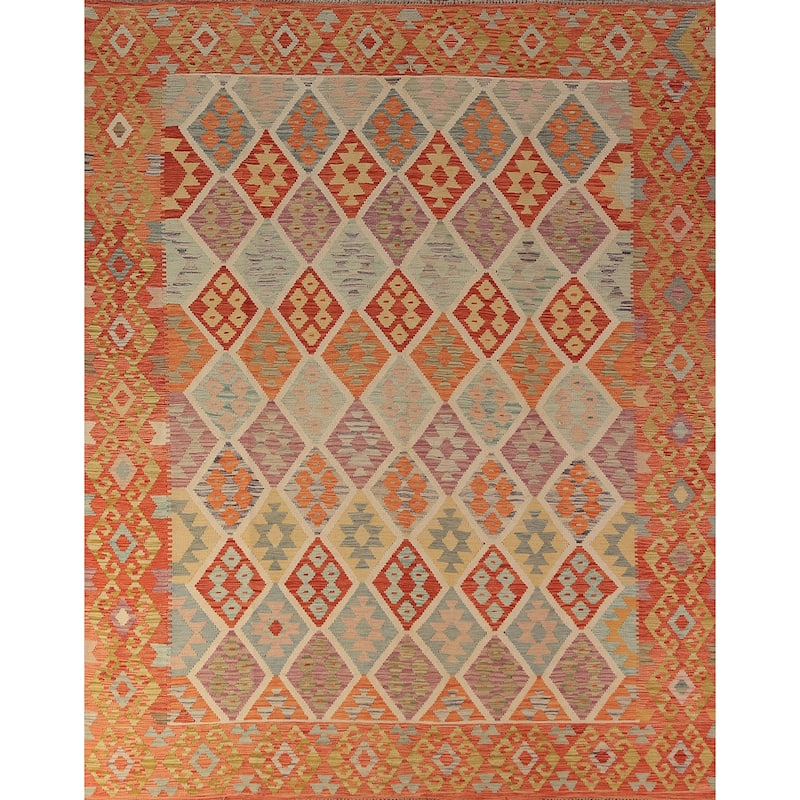 Trellis Geometric Kilim Oriental Area Rug Hand-Woven Wool Carpet - 8'2"x 9'8"