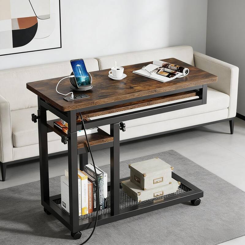 Mobile C-Shaped Console Table with Wheels - Narrow Desk & Charging Station