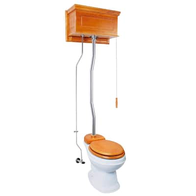 Light Oak Wooden High Tank Toilet Raised Tank, Satin Plated Z Pipe and Round White Bowl