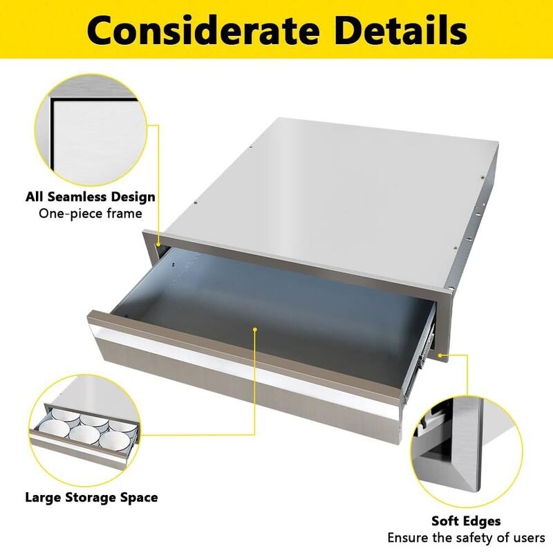 Outdoor Kitchen Drawer 24" W x 6.5" H x 23" D, 304 Stainless Steel Flush Mount Single Layer Access BBQ Drawers