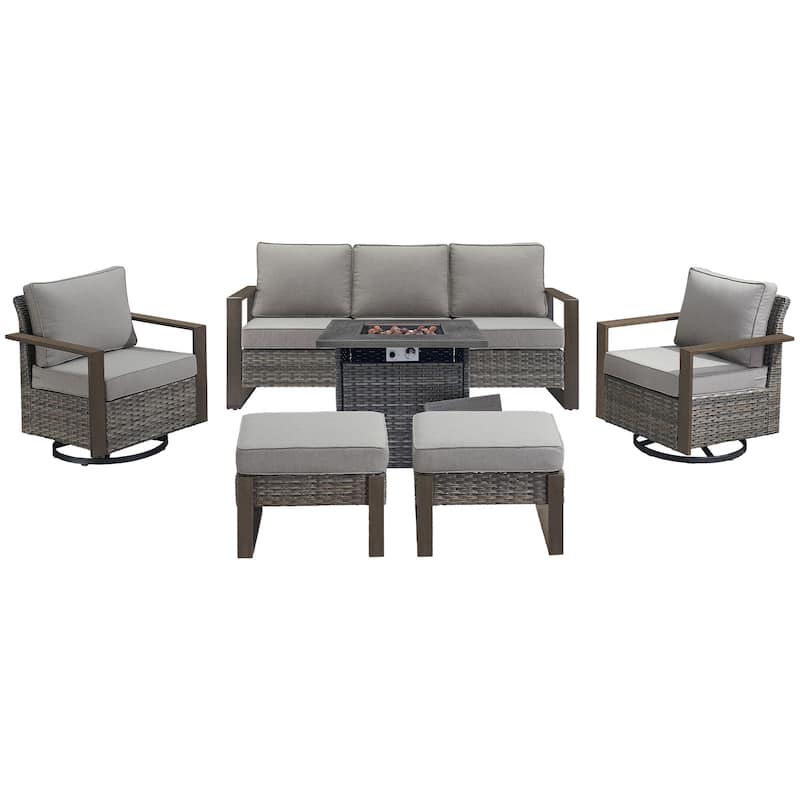 Pocassy Outdoor Fire Pit with 3-Seat Sofa Swivel Chairs Patio Furniture Set