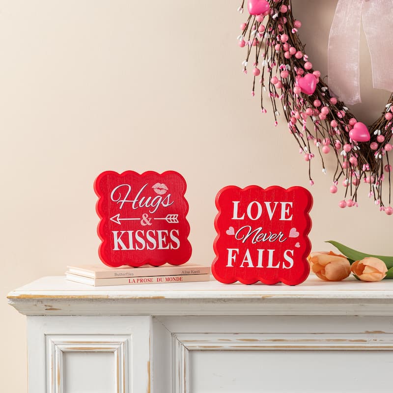 Glitzhome 6"H Set of 2 Valentine's Wooden LOVE Never Fails Table Decor