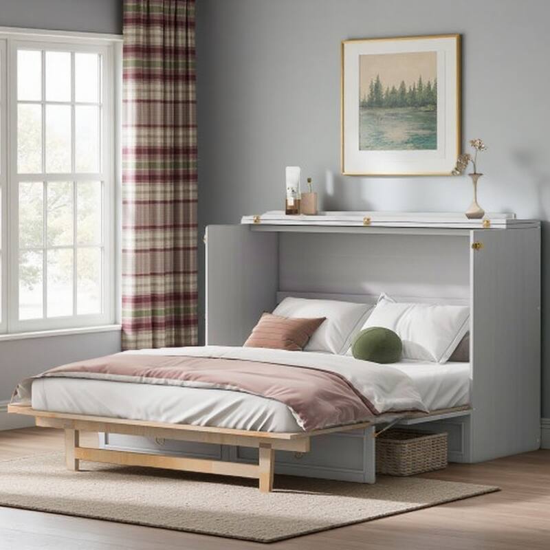 Queen Wall Bed with Built-In Storage Drawers and Rattan Panel Detail, Foldable Cabinet Style Platform Frame for Space Saving - QueenWhite - Queen