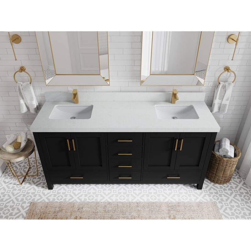 Willow Collection 72 in. W x 22 in. D Malibu Double Sink Bathroom Vanity with Countertop - 2" Carrara Quartz - Black