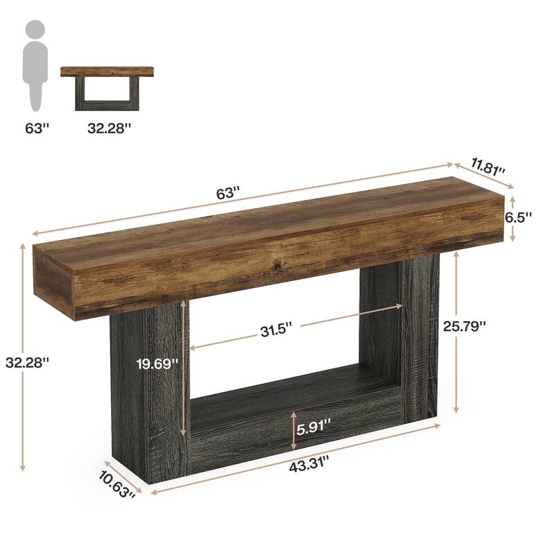 63 Inches Brown and Gray Narrow Long Wood Console Table for Entryway