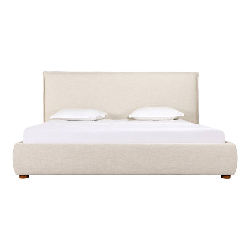 King Bed Frame - Upholstered Linen Blend Headboard - Solid Wood Bed - Modern Bedroom Furniture