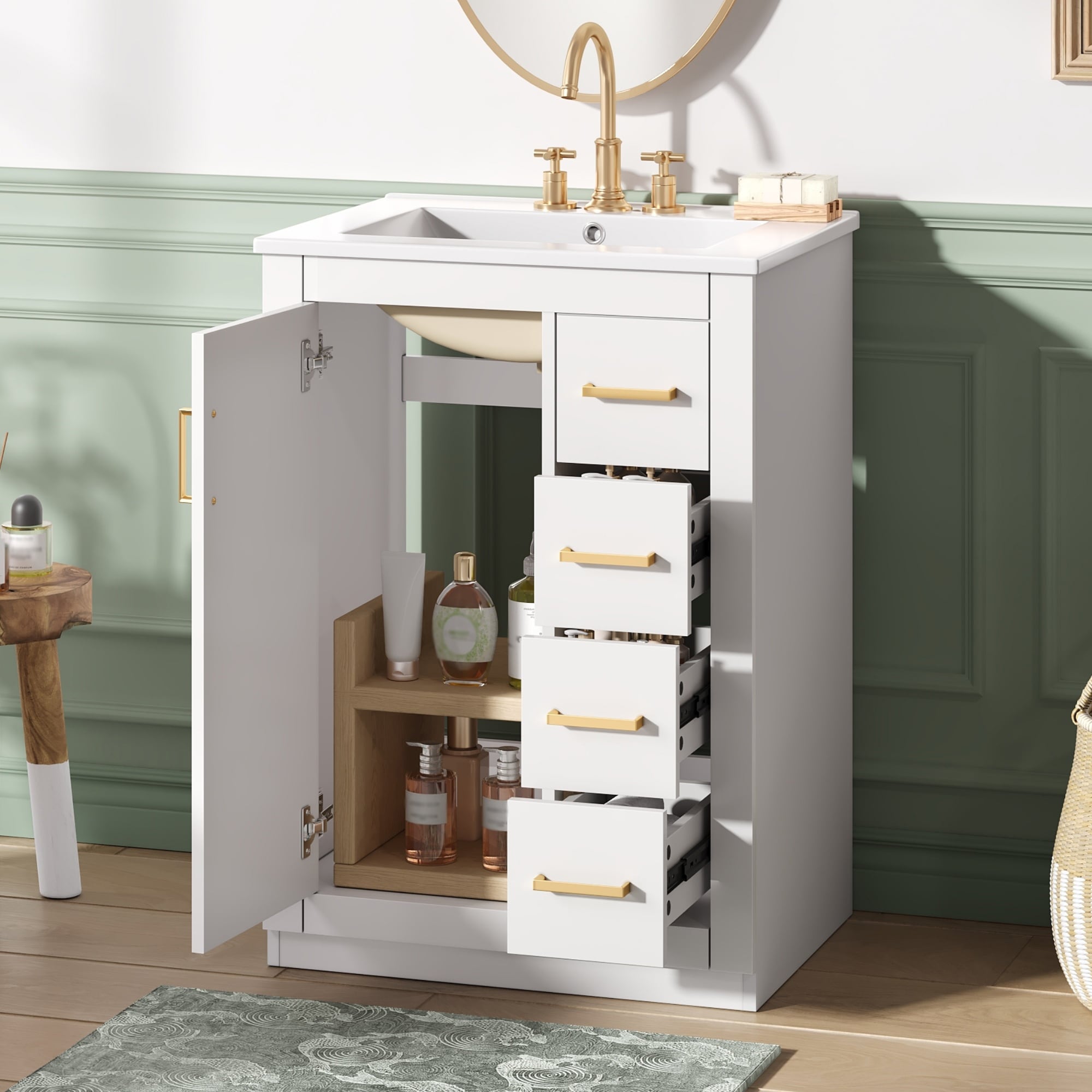 24" Single Sink Bathroom Cabinet, Freestanding Bathroom Vanity with Ceramic Sink