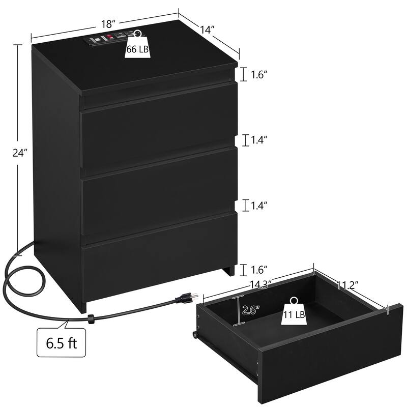 Yaheetech 3-Drawer Vertical End Table Nightstand with Charging Station for Bedroom
