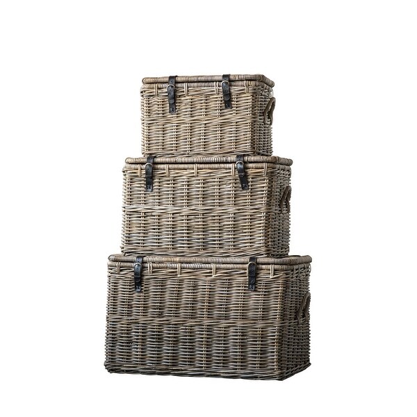 Rectangle Brown Rattan Baskets with Lids Leather Buckles Set of 3 Sizes