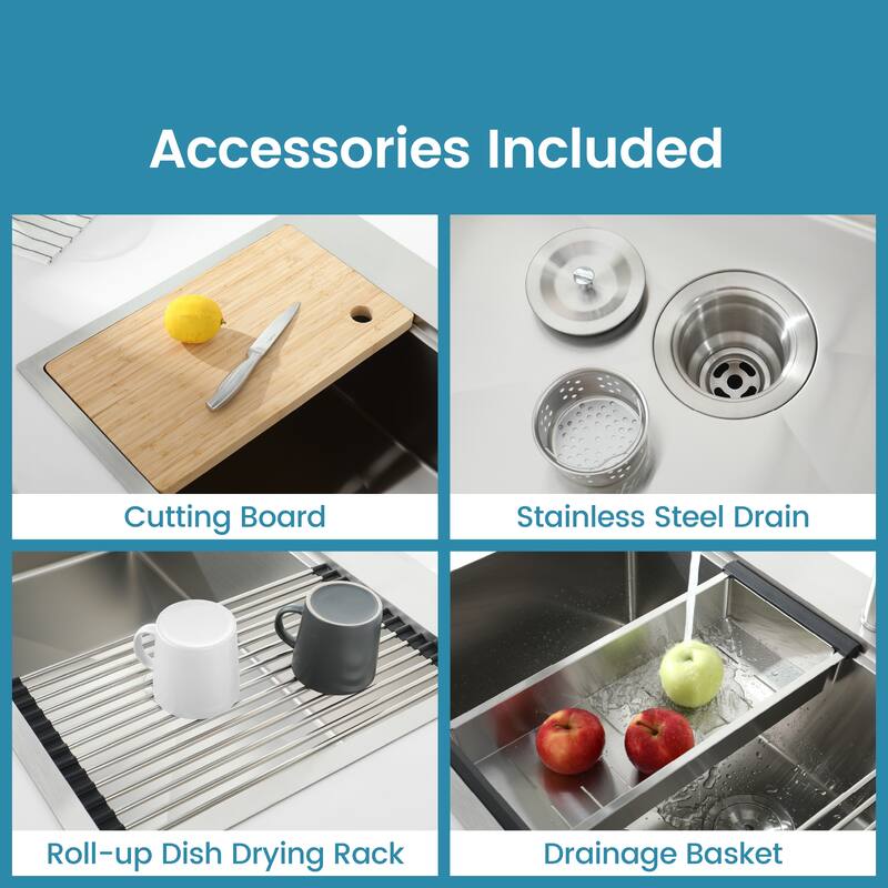 Stainless Steel Kitchen Sink, 30″x22″ Single Bowl, Overmount Handmade Sink in Black, with Cutting Board, Colander