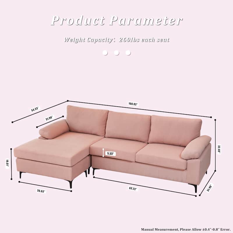 OVIOS Reversible Chaise Sofa With Fluffy Cushions Metal Legs