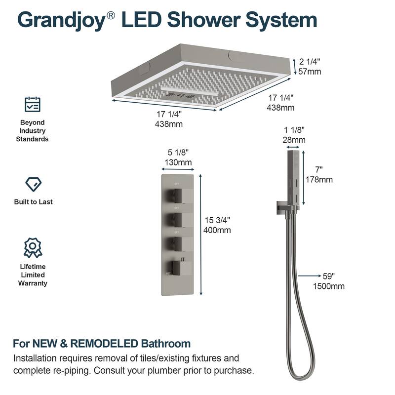 GRANDJOY Thermostatic LED Rain and Waterfall Shower System with Handheld, Built-In Music Function