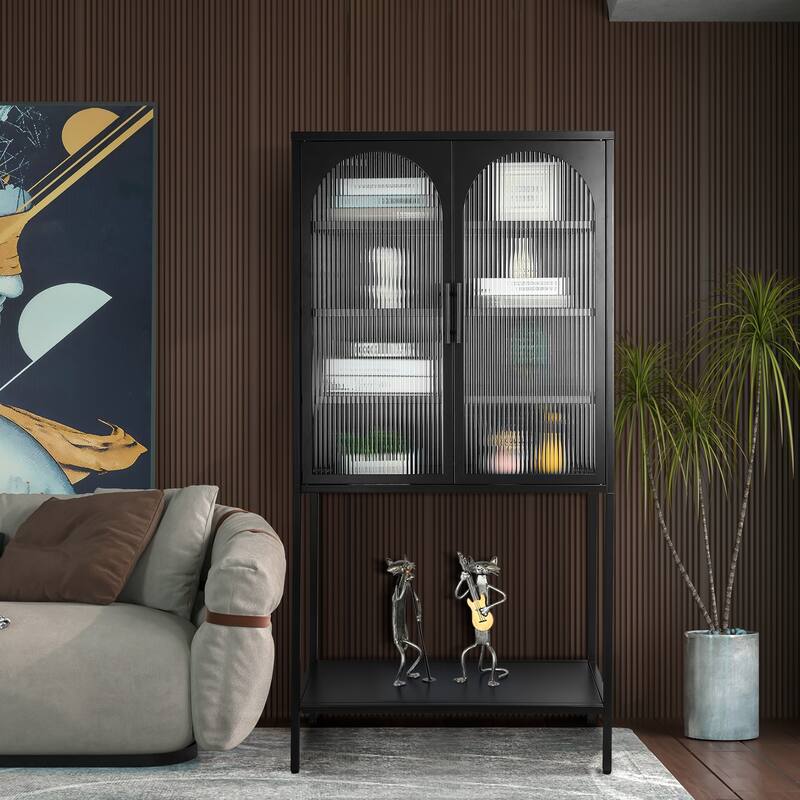 Elegant Floor Cabinet with 2 Glass Arched Doors Living Room Display Cabinet with Adjustable Shelves Anti-Tip Dust-free