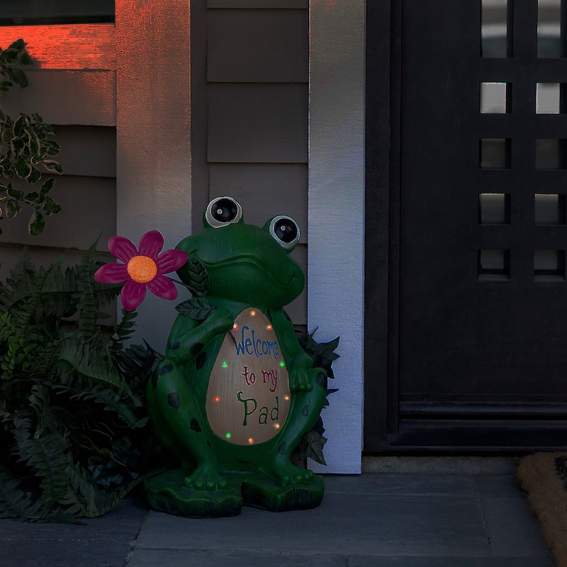 Alpine Corporation 18" Tall Outdoor Frog with Color Changing LED Lights and Welcome Sign Yard Statue