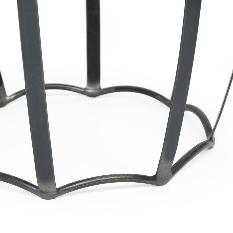 21.25" Modern Round End Table with Curved Metal Frame and Rich Mango Wood Top