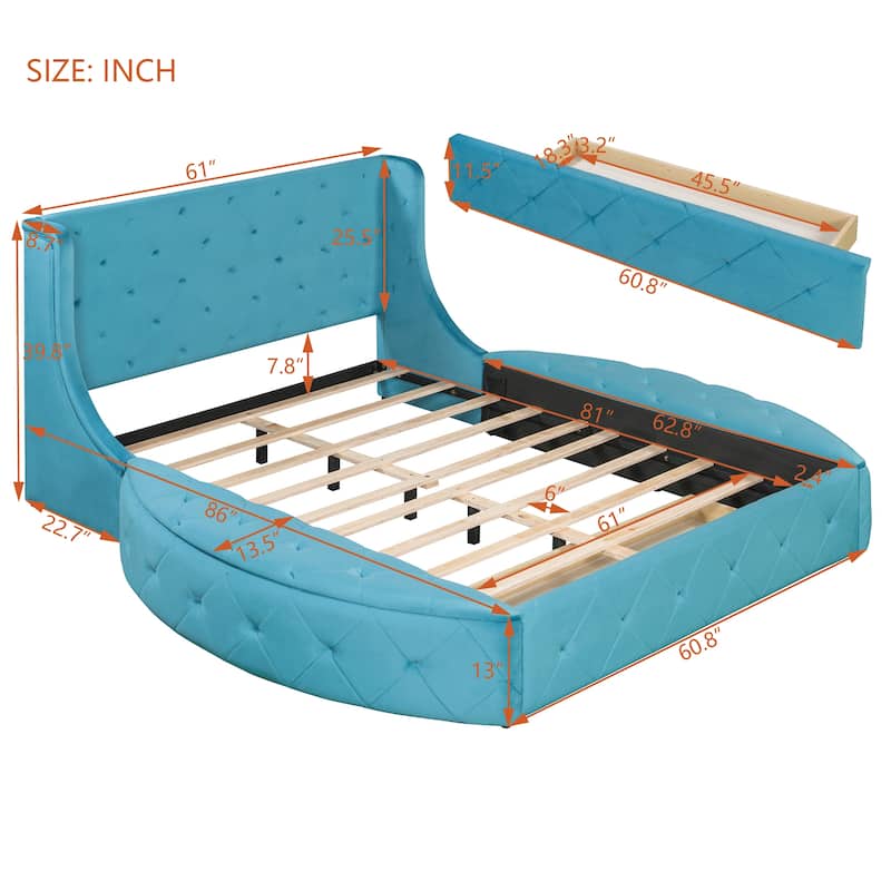 Low Profile Bed Queen Size Velvet Upholstered Platform Bed with Wingback Headboard, Big Drawer and 2 Semicircle Side Stools