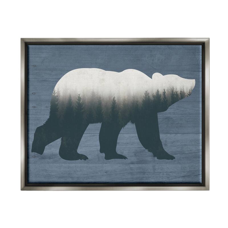 Stupell Rustic Woodland Trees Bear Silhouette Grainy Pattern Floater Frame, Design by Lettered and Lined - 31 x 25 - Grey