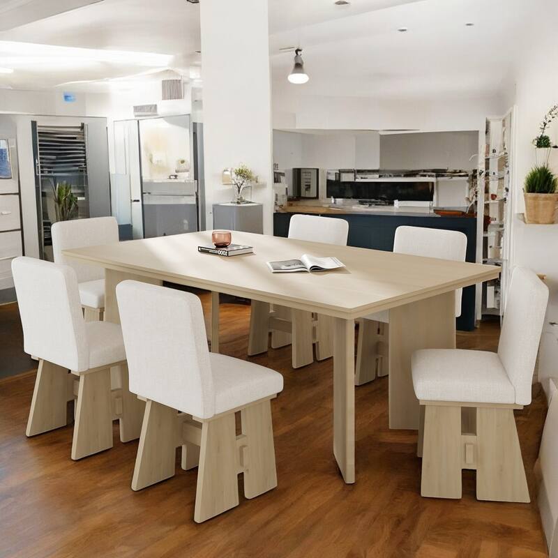 7-Piece Dining Table Set with 6 Upholstered Chairs, Solid Wood Farmhouse Design, Space-Saving, Modern Style for Dining Room - Natural