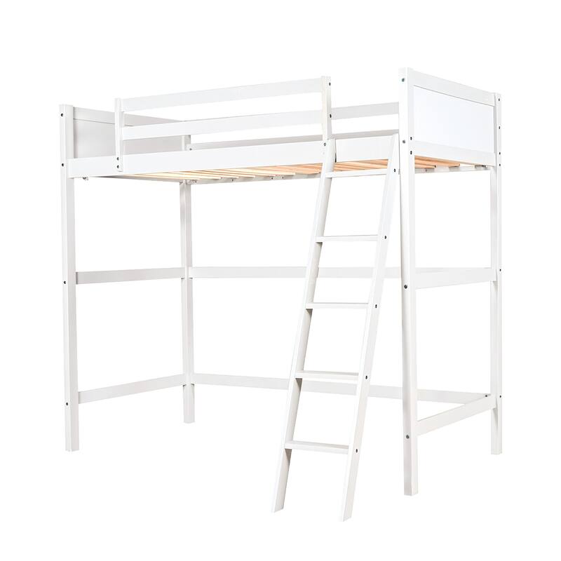Modern Simple Style Twin Size Solid Pine Wood Loft Bed with Full Length Guardrail and Inclined Ladder