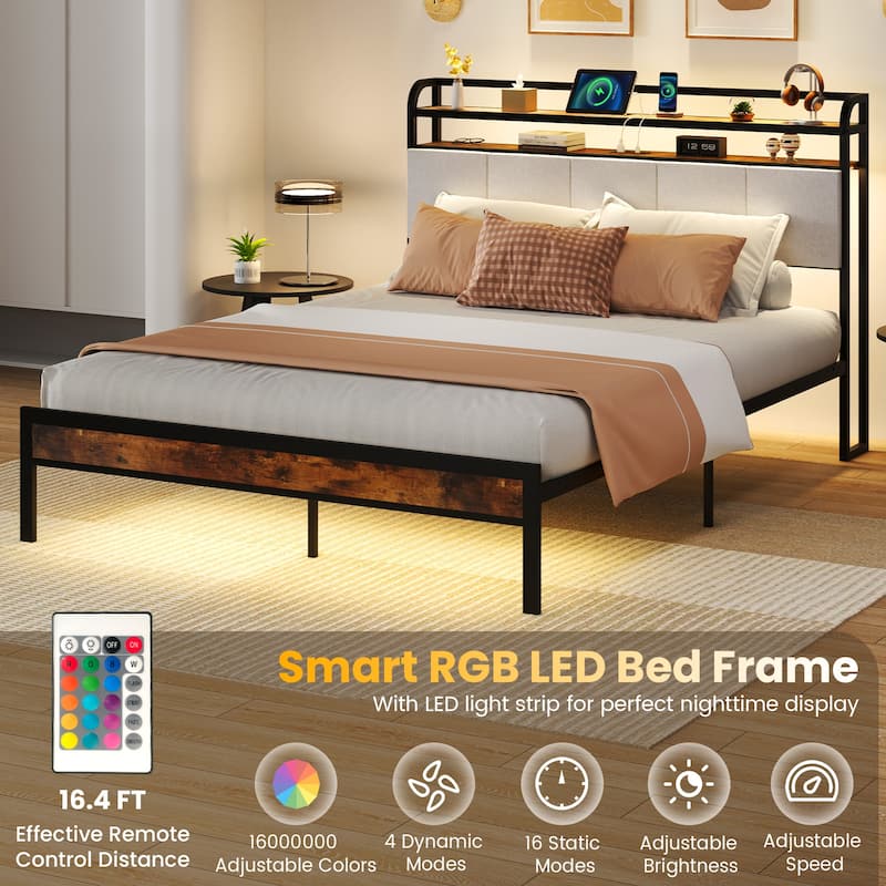 Gymax Queen Size Bed Frame w/ LED Light & Charging Station Heavy Duty