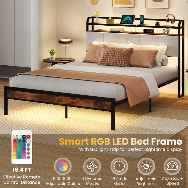 Bed Frame with LED Lights Charging Ports and Storage Headboard