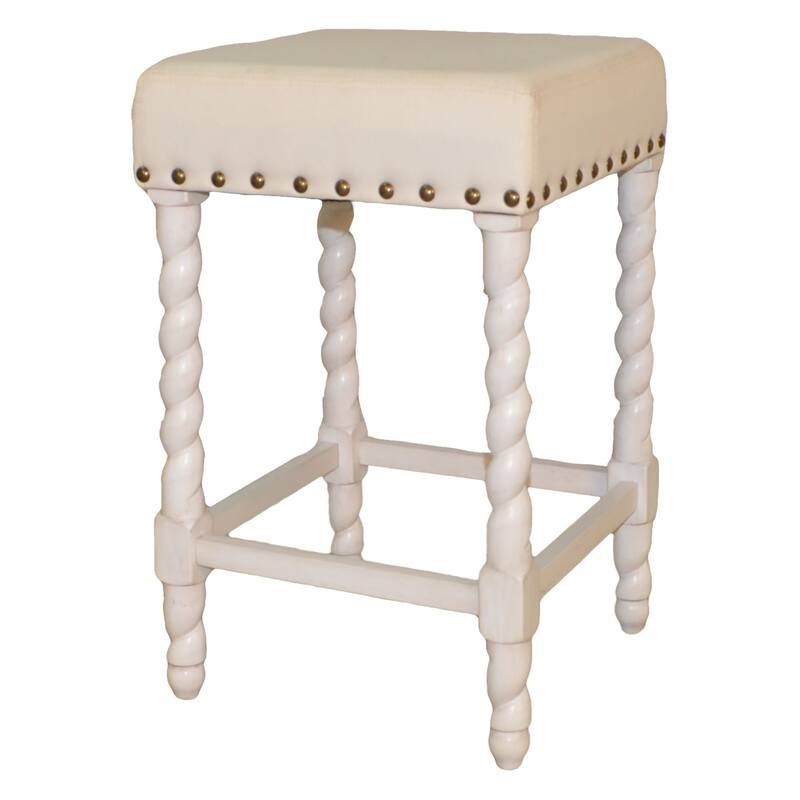 24" Beige White Nailhead Trimmed Counter Stool with Barley Twist Legs