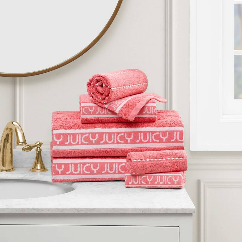 Juicy Couture Cotton Stripe 6 Piece Bath Towel Set 2 Bath towels 2 Hand towels 2 Washcloths - 28"x54"/16"x26"/12"x12" - Pink Coral