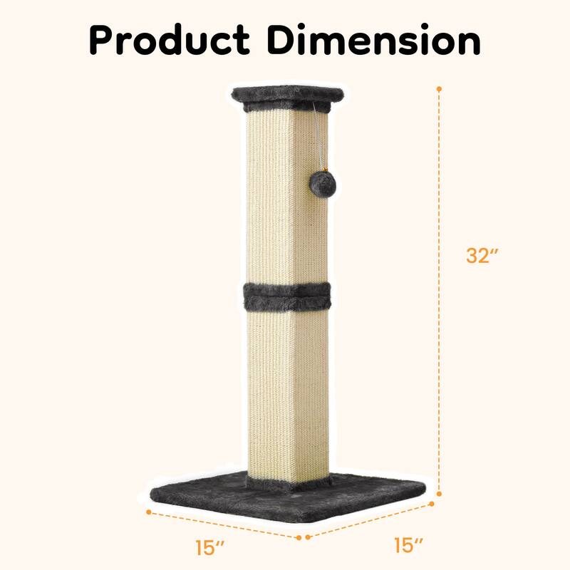 32" Tall Cat Scratching Post with Hanging Ball Toy, Sisal Scratch Post for Large Cats & Kittens