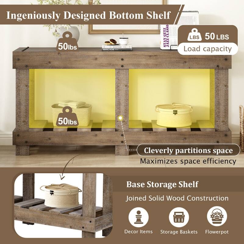 62.9" Vintage Entryway Table - Fir Solid Wood with Natural Grain, 6 Reinforced Legs & 4.5" Thick Desktop