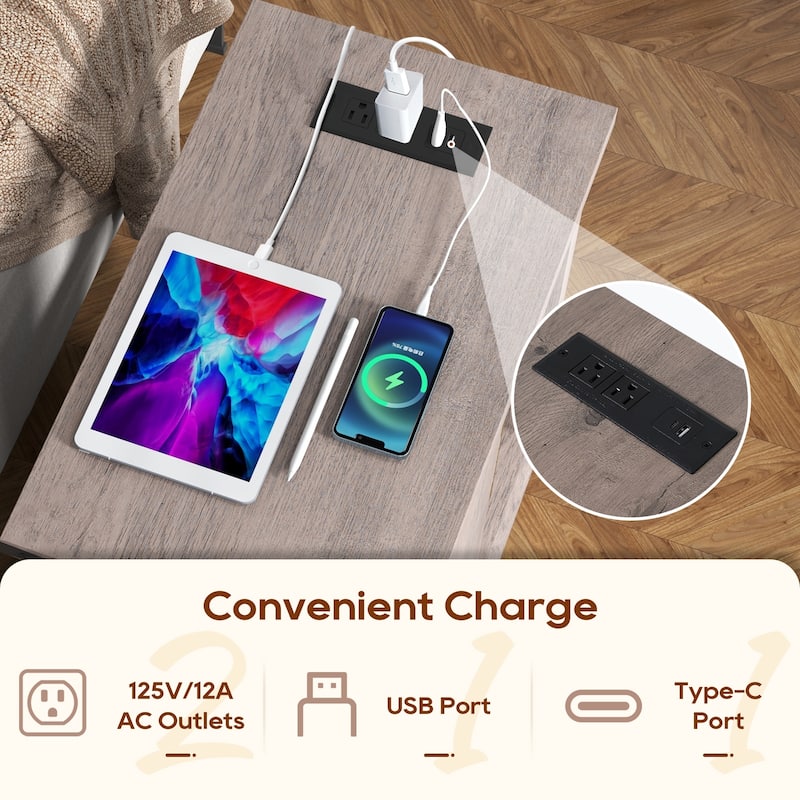 Side Table with Charging Station with Storage Shelf and Drawers