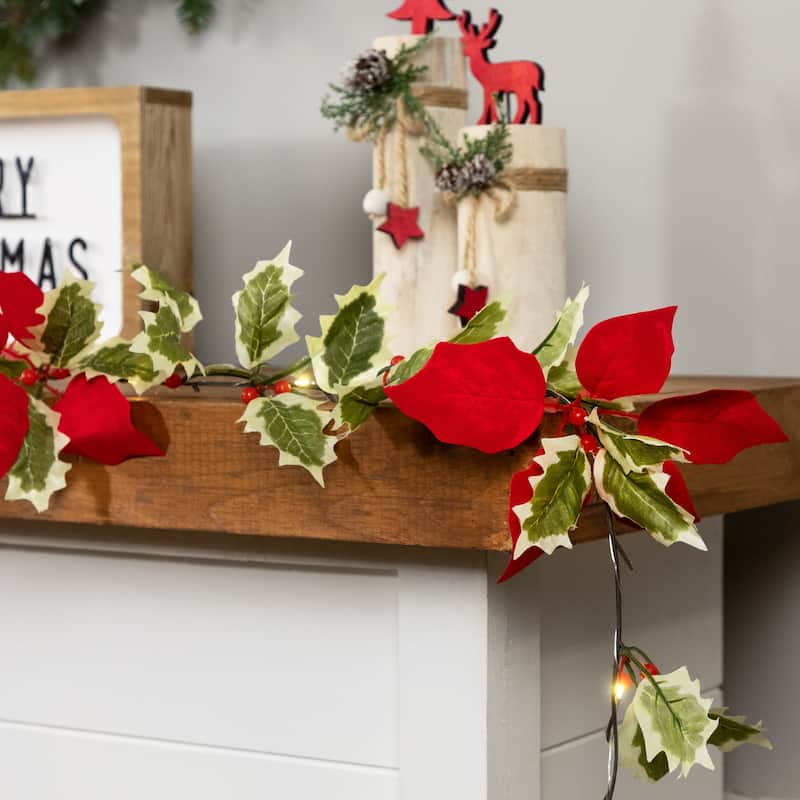 Pre-Lit Battery Operated Holly and Berry Christmas Garland - 7.5' x 5" - Warm White Lights