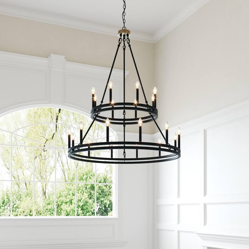 Acroma 20 - Light Living Room Steel Candle Style Wagon Wheel Chandelier - 39.5'' W x 39.5'' D x 47.5'' H - 39.5'' W x 39.5'' D x 47.5'' H