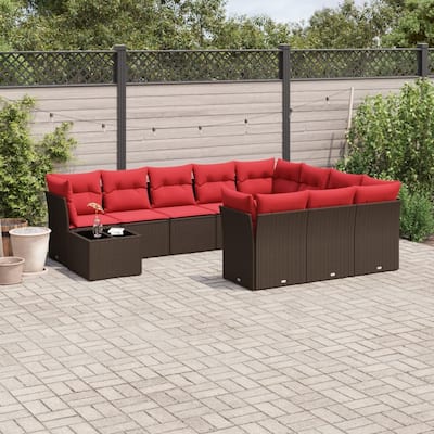 vidaXL 11 Piece Patio Sofa Set with Cushions Brown/Gray Poly Rattan - 21.7 x 24.4 x 27.2