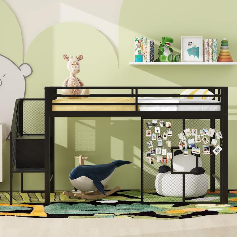 Black Twin Size Metal Low Loft Bed Frame with Storage Staircase and Iron Mesh