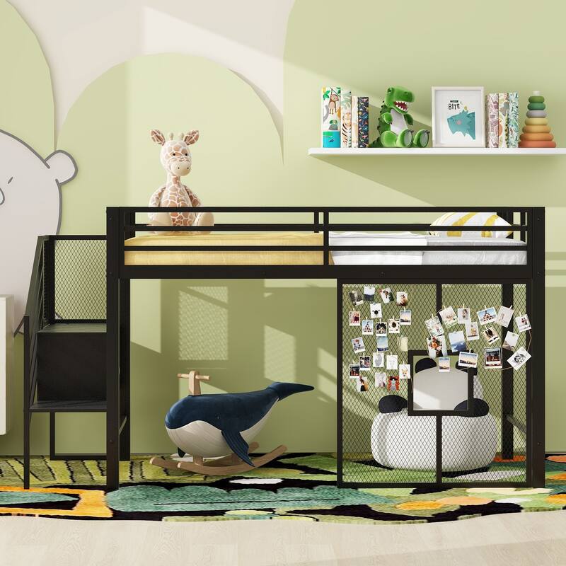 Twin Size Metal Low Loft Bed Frame with Storage Staircase and Iron Mesh