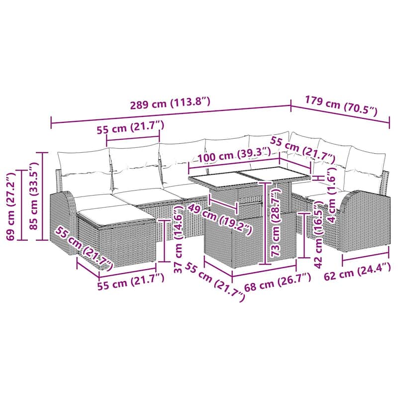 vidaXL 9 Garden Sofa Set with Cushions Black/Brown/Grey Poly Rattan - 113.8 x 70.5 x 27.2