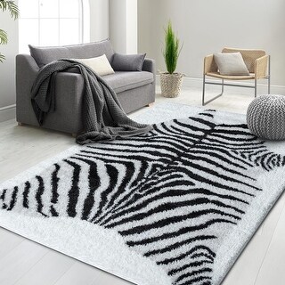 HR Plush Black & White Zebra Pattern Shag Rug - Thick Pile, High
