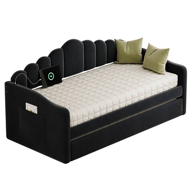 Twin size Velvet Daybed Wingback Daybed for Apartment with Retractable Trundle & USB Charging Ports, Wood Slat Support