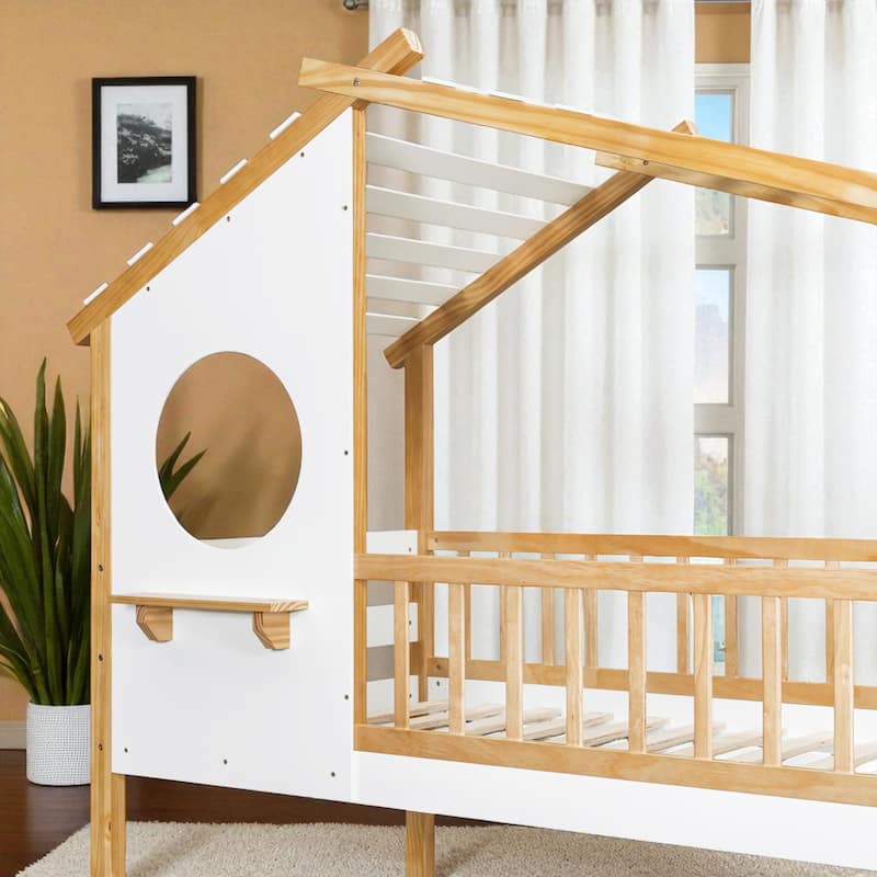 Twin Over Twin Wooden Bunk Bed with Roof and Window, Playhouse Design, Ladder and Guardrails, Natural Finish